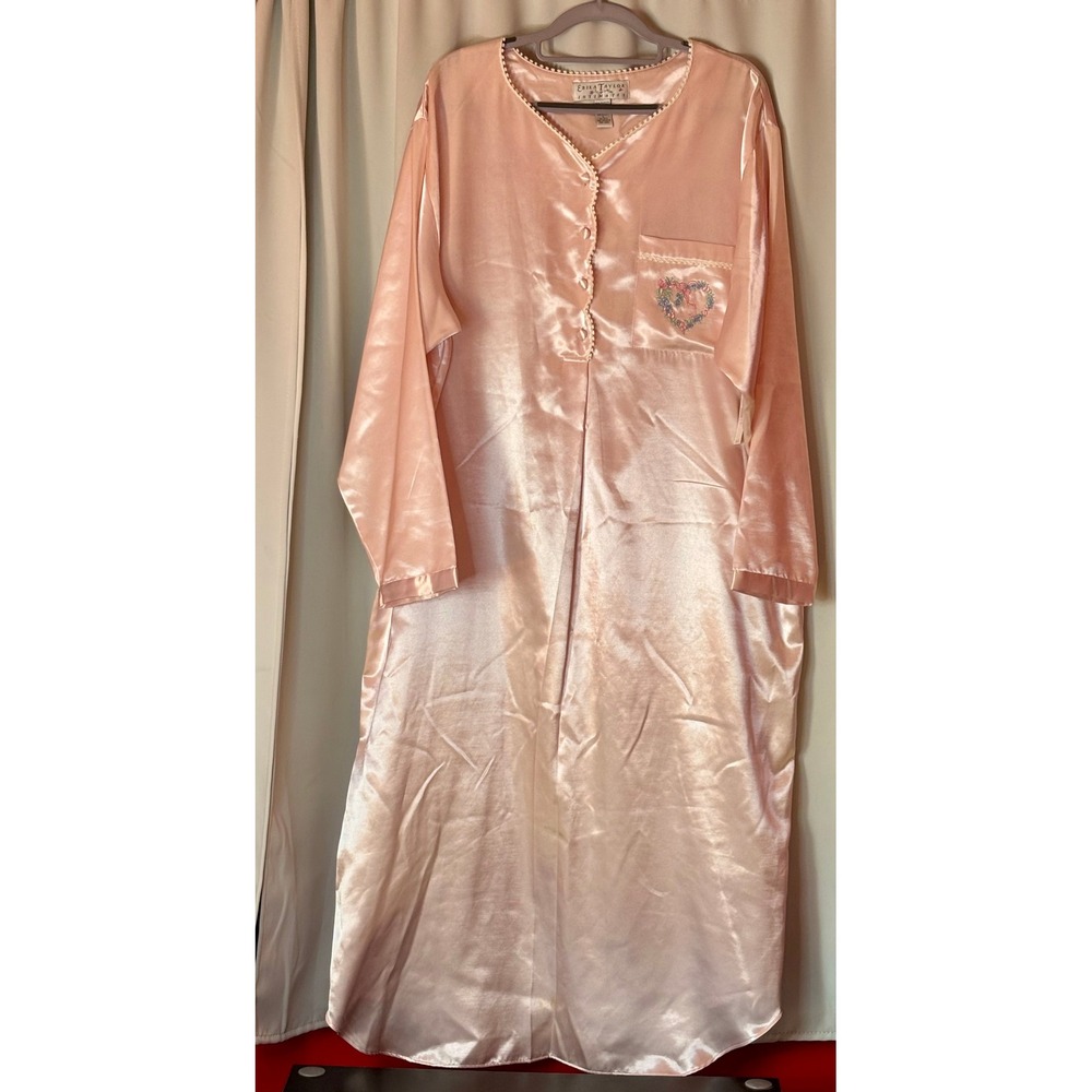 Vintage Erika Taylor Intimates Pink Satin Nightgown Floral Heart Embroidered NWT